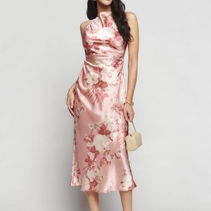 Reformation Pink Floral Sleeveless Cowl Neck Casette Silk Midi Dress Bellini